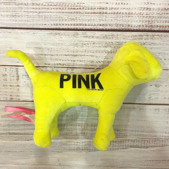Victoria's Secret PINK Neon Yellow Velvet Love Graphic Stuffed Mini Dog - Picture 2 of 5